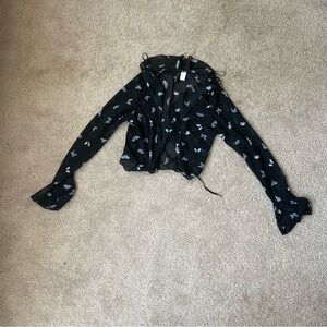 Black Sheer Blouse with Blue Butterfly Pattern